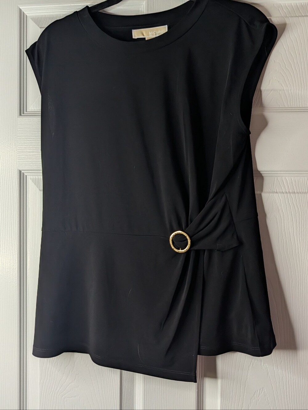 Michael Michael Kors Black Gold Ring Ruched Side Top Blouse Size Large